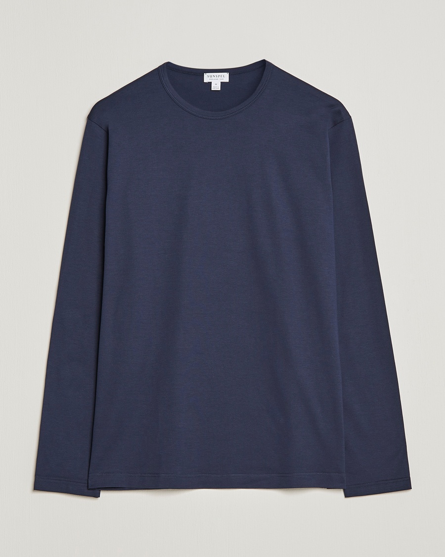 Men | Long Sleeve T-shirts | Sunspel | Long Sleeve Crew Neck Cotton Tee Navy