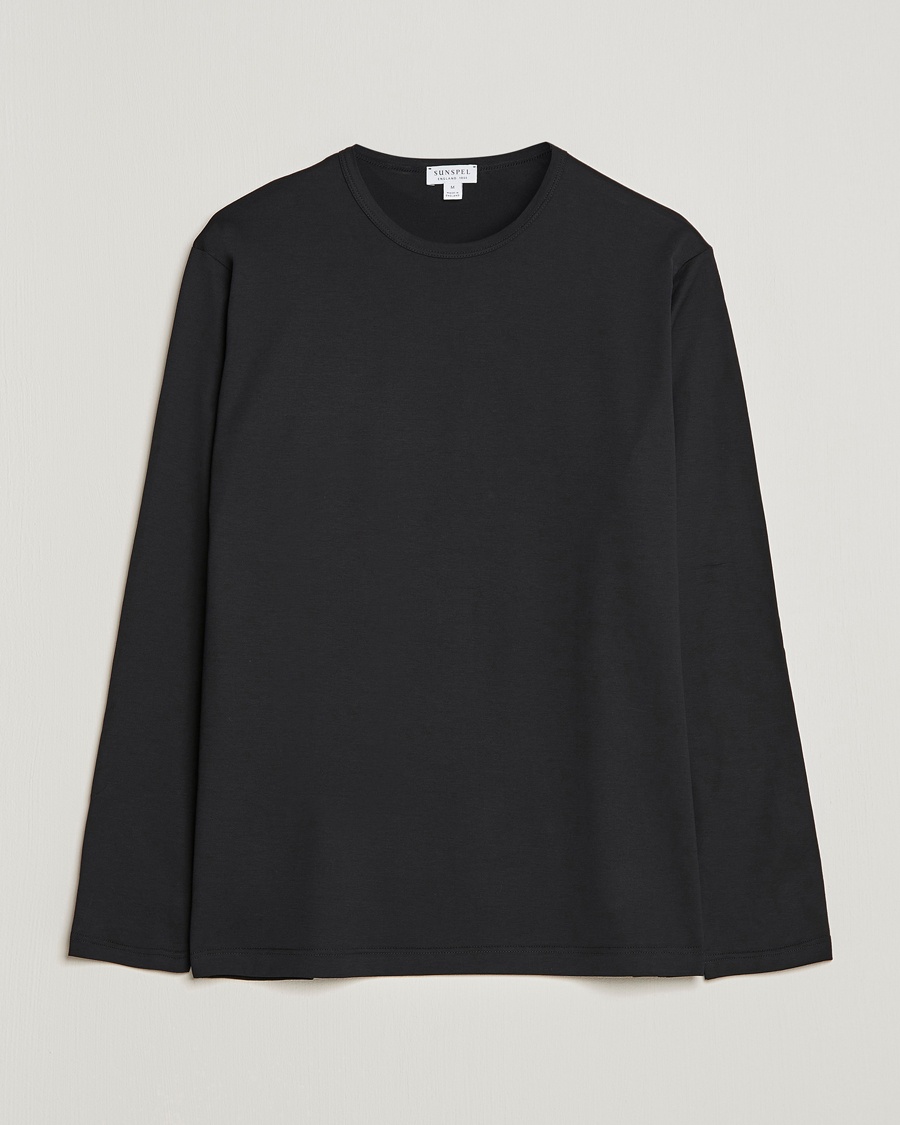 Sunspel Long Sleeve Crew Neck Cotton Tee Black – Black