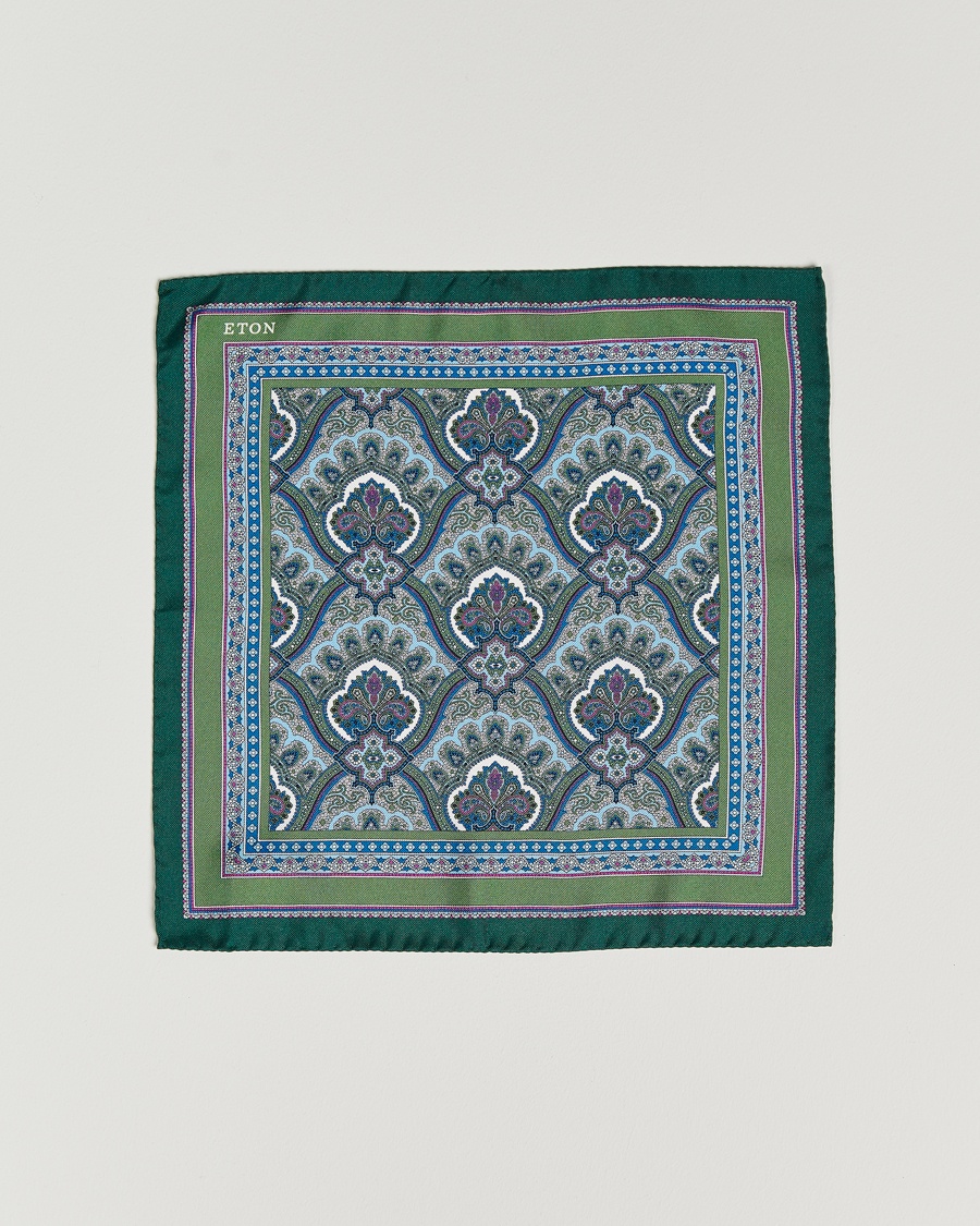 Eton Silk Paisley Print Pocket Square Green – Green