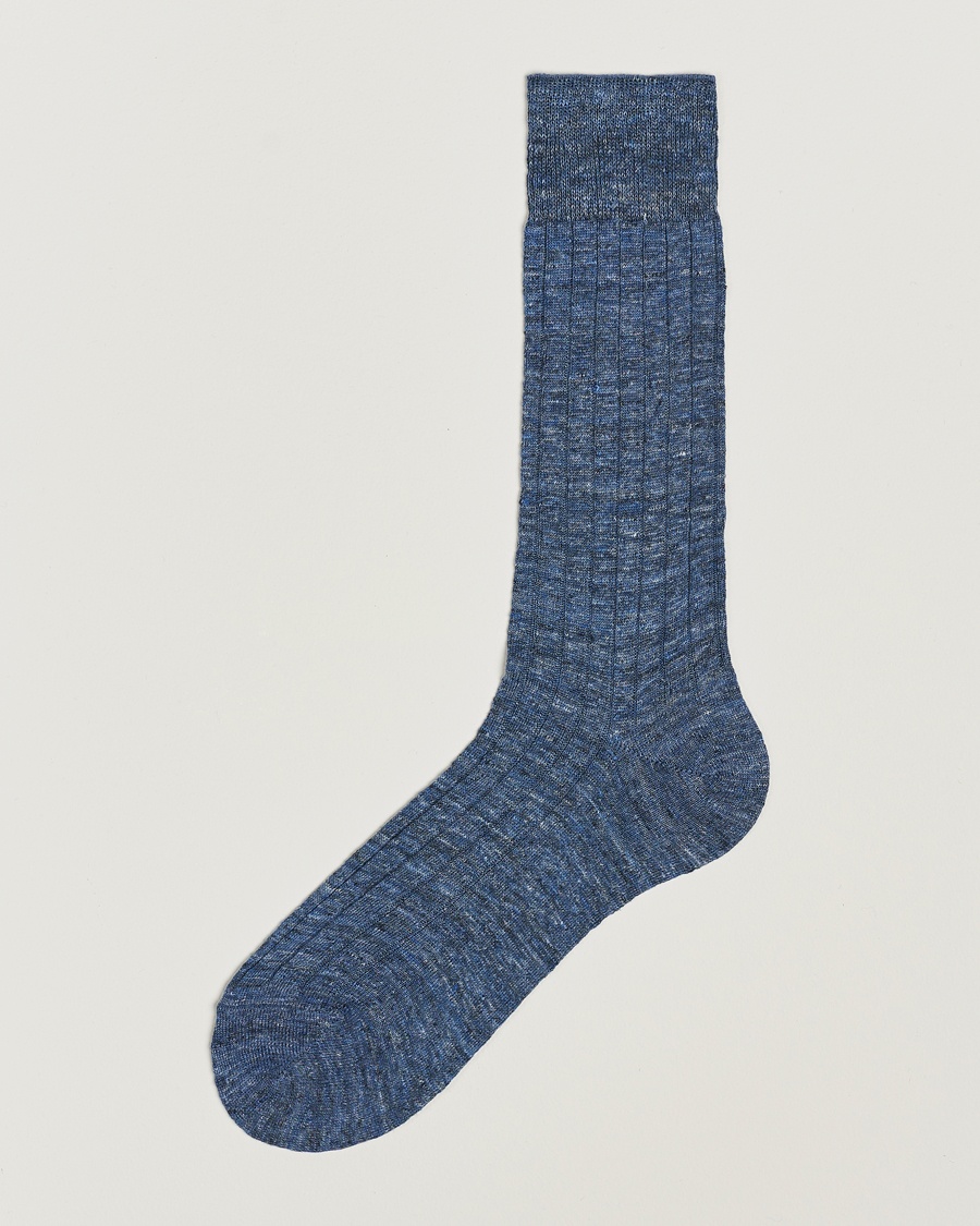 Men | Everyday Socks | Bresciani | Linen Ribbed Short Socks Blue Melange