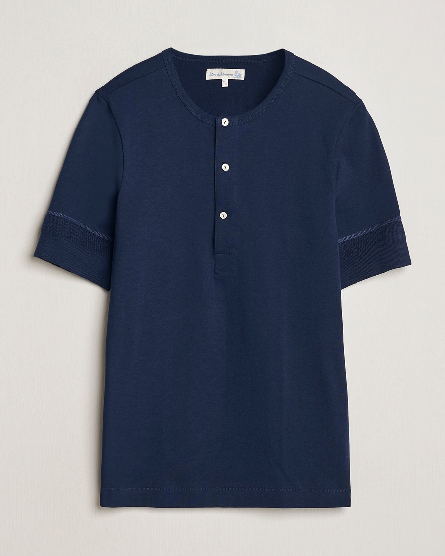 Men | Heritage Corner | Merz b. Schwanen | Short Sleeve Organic Cotton Henley Ink Blue