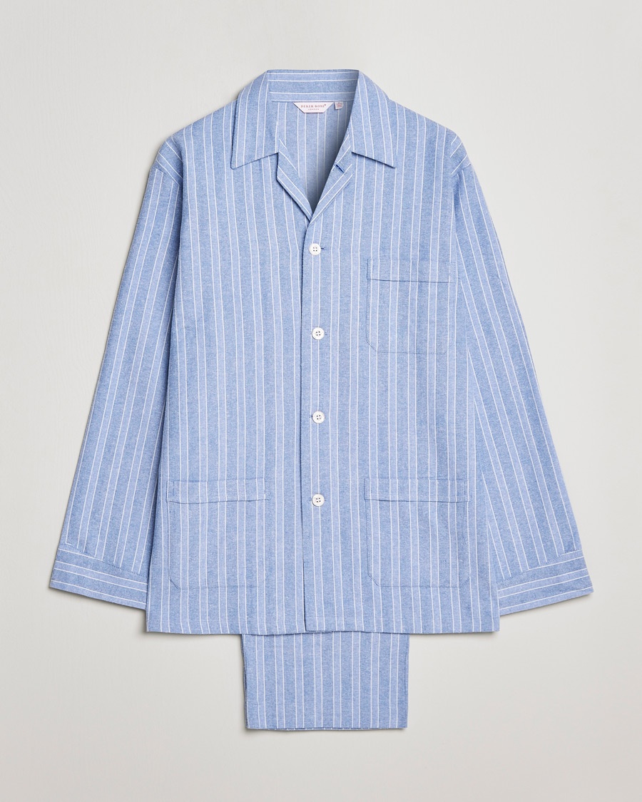 Derek Rose Brushed Cotton Flannel Striped Pyjama Set Blue – Blue