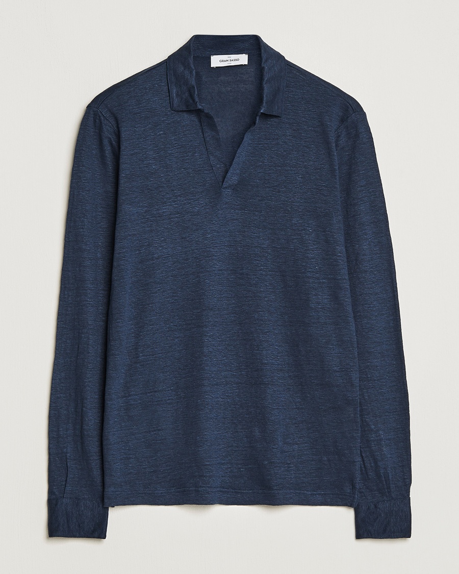 Gran Sasso Washed Linen Long Sleeve Polo Navy Melange – Blue
