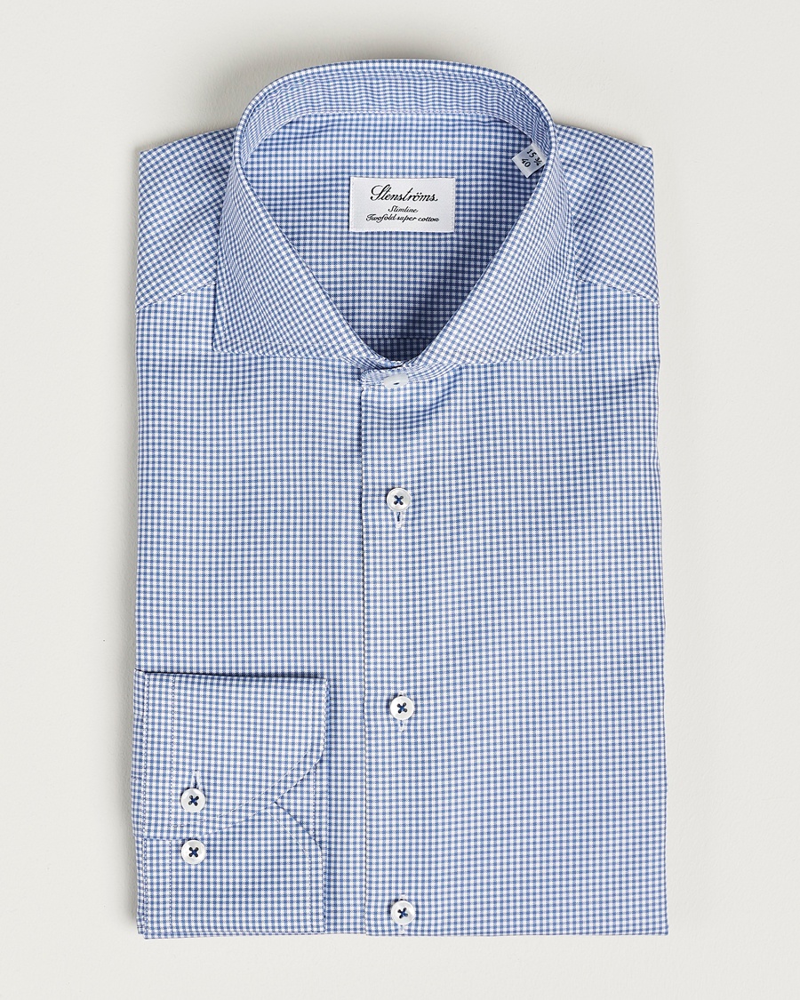 Men | | Stenströms | Slimline Small Check Cut Away Shirt Blue