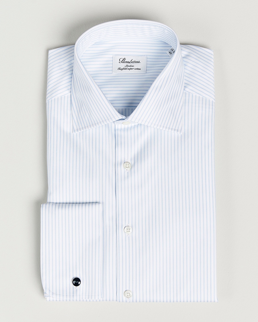 Men | | Stenströms | Slimline Cotton Double Cuff Shirt White/Blue