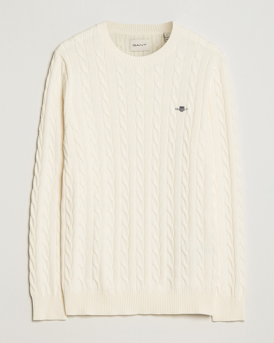 Men | Knitted Jumpers | GANT | Cotton Cable Crew Neck Pullover Cream