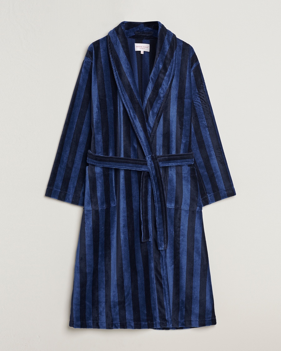 Derek Rose Striped Cotton Velour Gown Navy – Blue