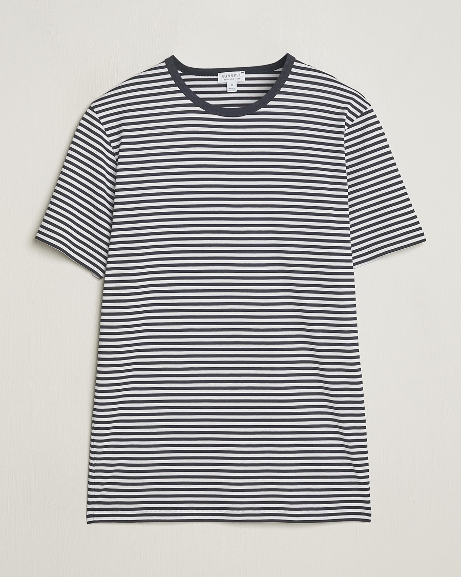 Sunspel Striped Crew Neck Q82 Cotton T-Shirt White/Navy – Blue