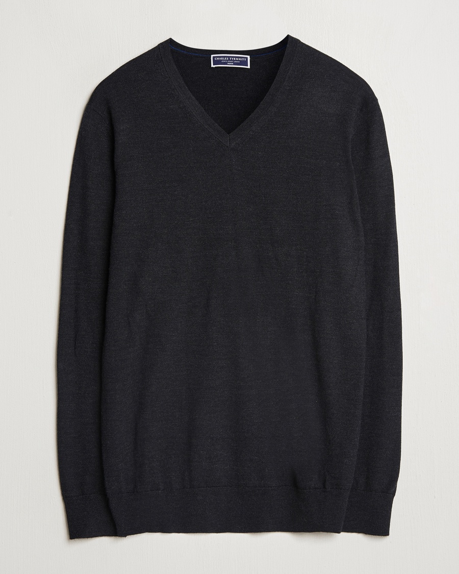 Men | Charles Tyrwhitt | Charles Tyrwhitt | Pure Merino V-Neck Jumper Dark Charcoal