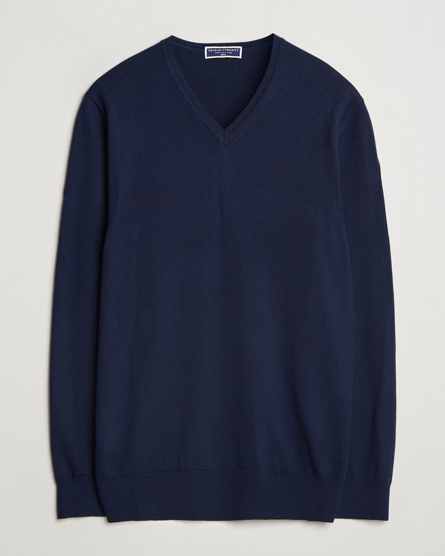 Men | Clothing | Charles Tyrwhitt | Pure Merino V-Neck Jumper Navy