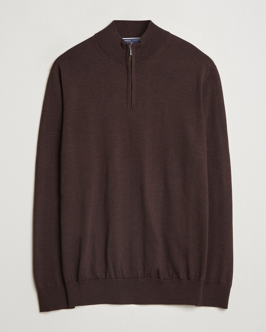Men | Clothing | Charles Tyrwhitt | Pure Merino Zip Neck Jumper Chocolate Brown