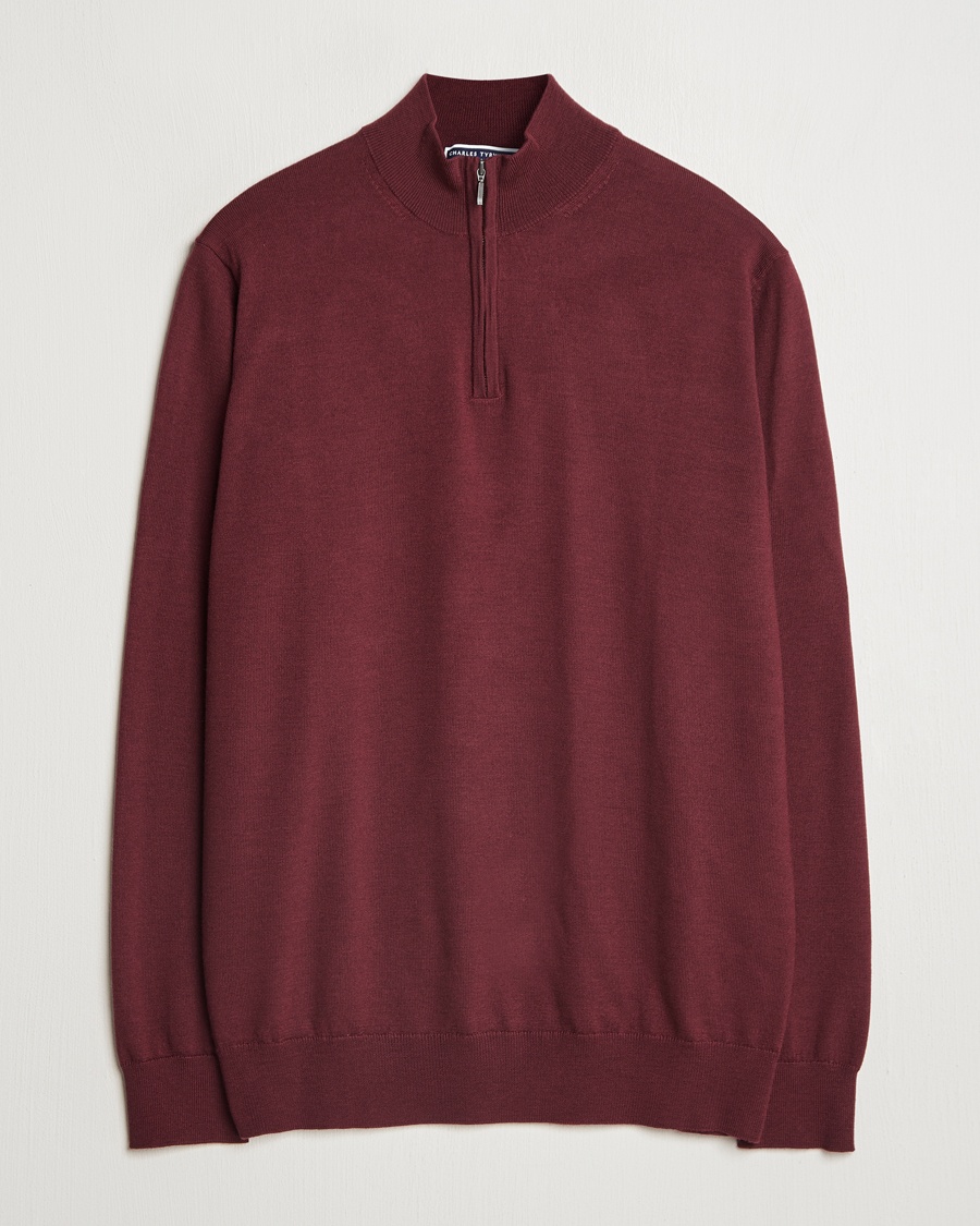 Men | Clothing | Charles Tyrwhitt | Pure Merino Zip Neck Jumper Burgundy Red