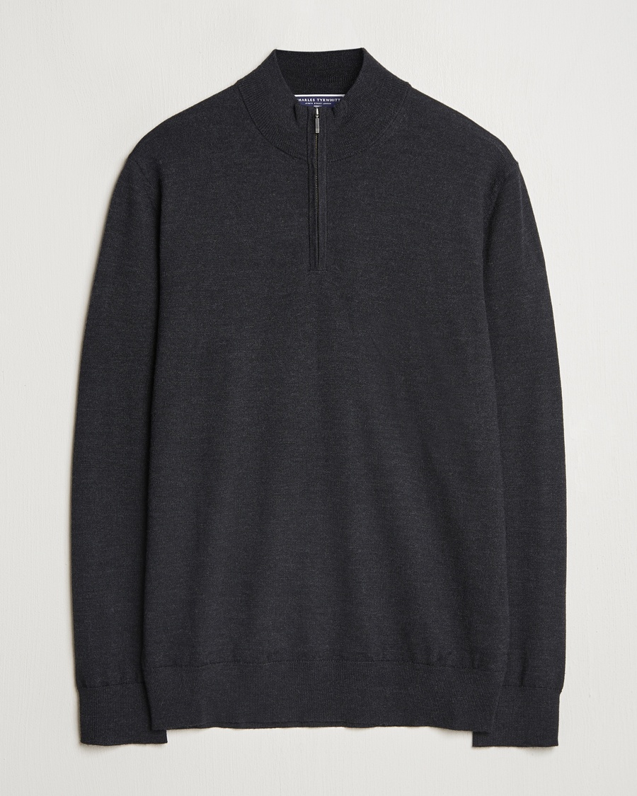 Men | Clothing | Charles Tyrwhitt | Pure Merino Zip Neck Jumper Dark Charcoal