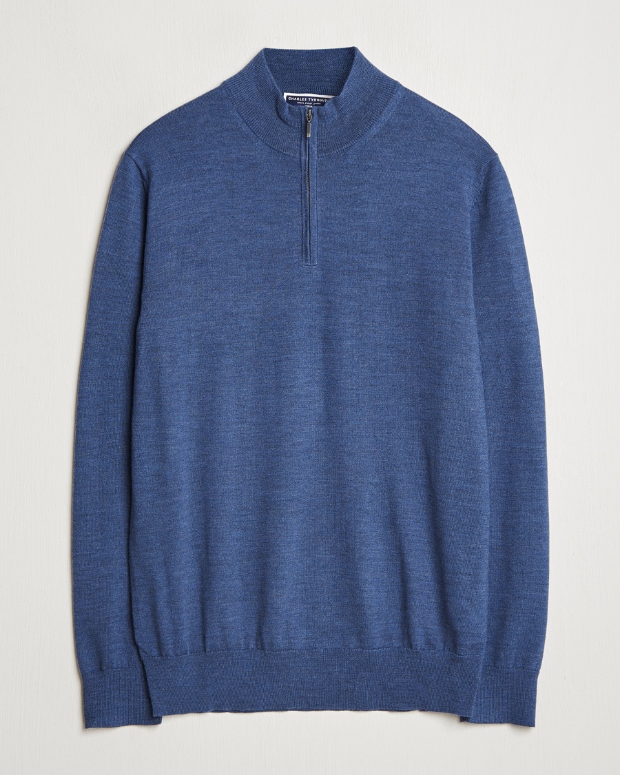 Men | Clothing | Charles Tyrwhitt | Pure Merino Zip Neck Jumper Indigo Blue