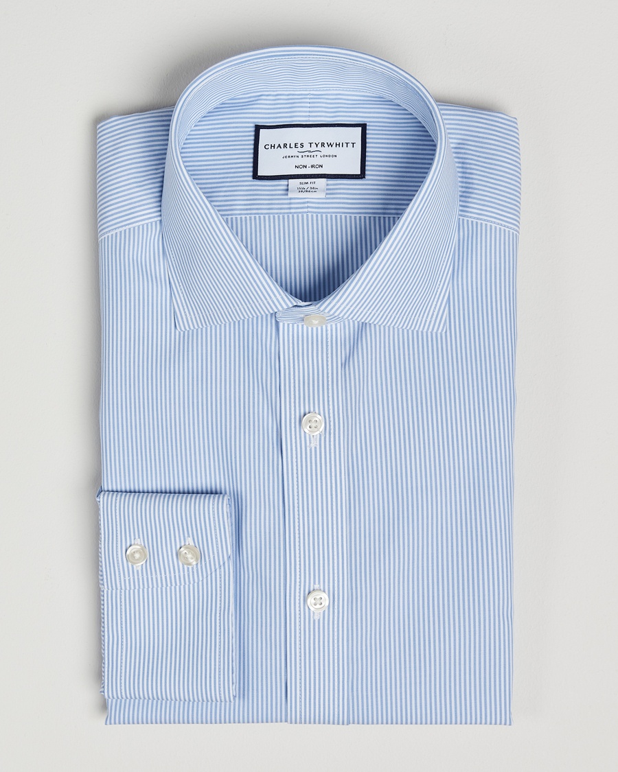 Men | Shirts | Charles Tyrwhitt | Slim Fit Non Iron Bengal Stripe Poplin Shirt Sky Blue