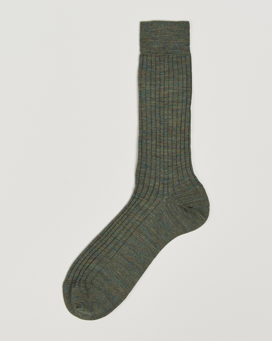 Bresciani Wool/Nylon Ribbed Short Socks Green Melange – Green