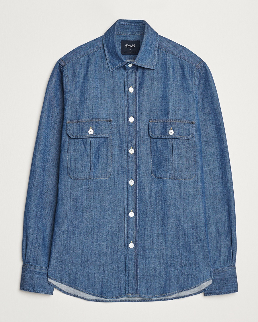 Drake's Denim Cotton Two Pocket Work Shirt Blue – Blue