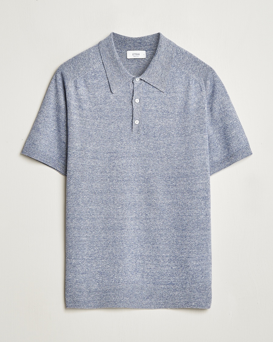 Men | Eton | Eton | Cotton/Linen Fine Knitted Polo Dark Blue