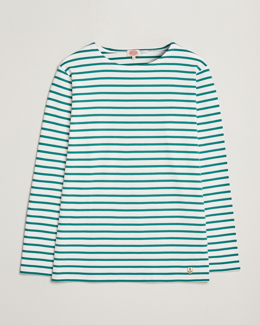 Men | Long Sleeve T-shirts | Armor-lux | Houat Héritage Stripe Long Sleeve T-Shirt Milk/Deep Jungle