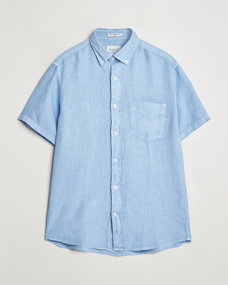 Men | Short Sleeve Shirts | GANT | Regular Fit Garment Dyed Short Sleeve Linen Shirt Capri Blue