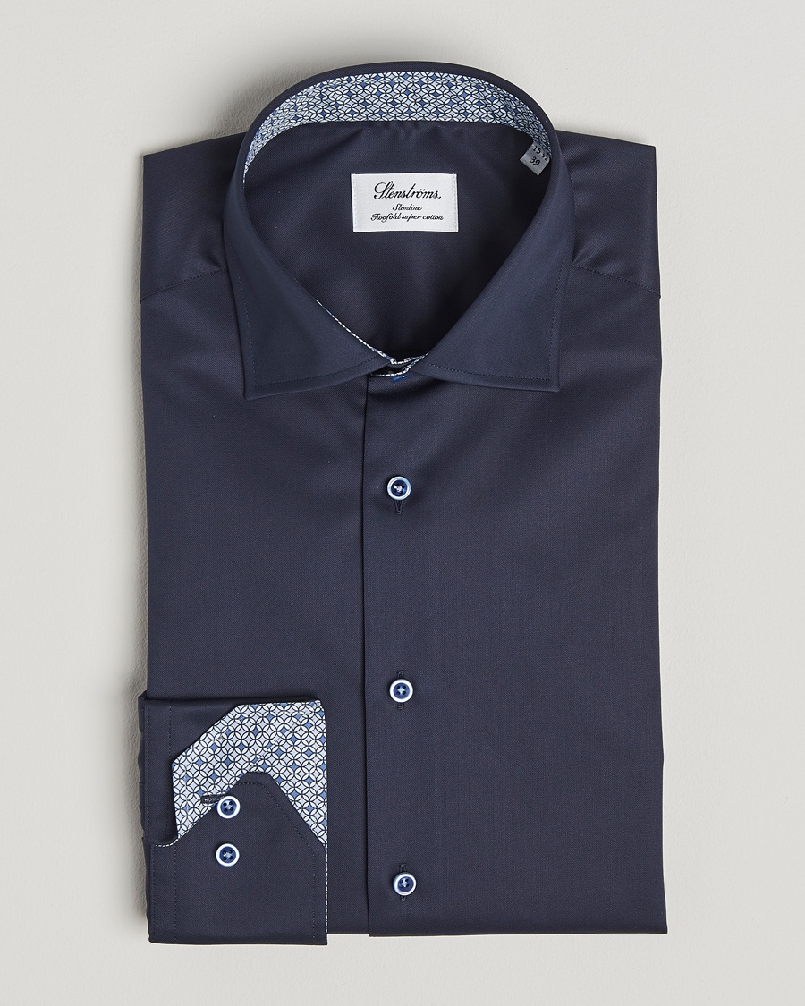 Men | | Stenströms | Silmline Contrast Cotton Twill Shirt Navy