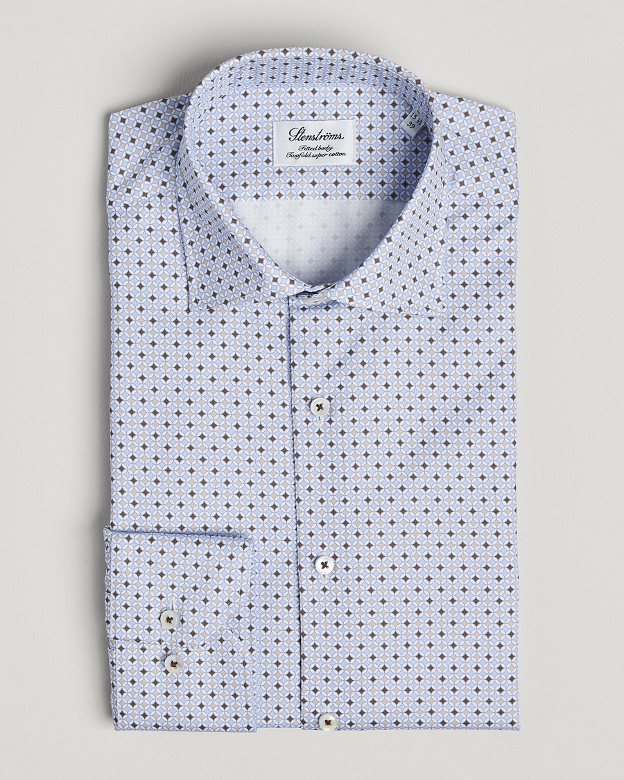 Men | | Stenströms | Fitted Body Printed Cut Away Shirt Blue