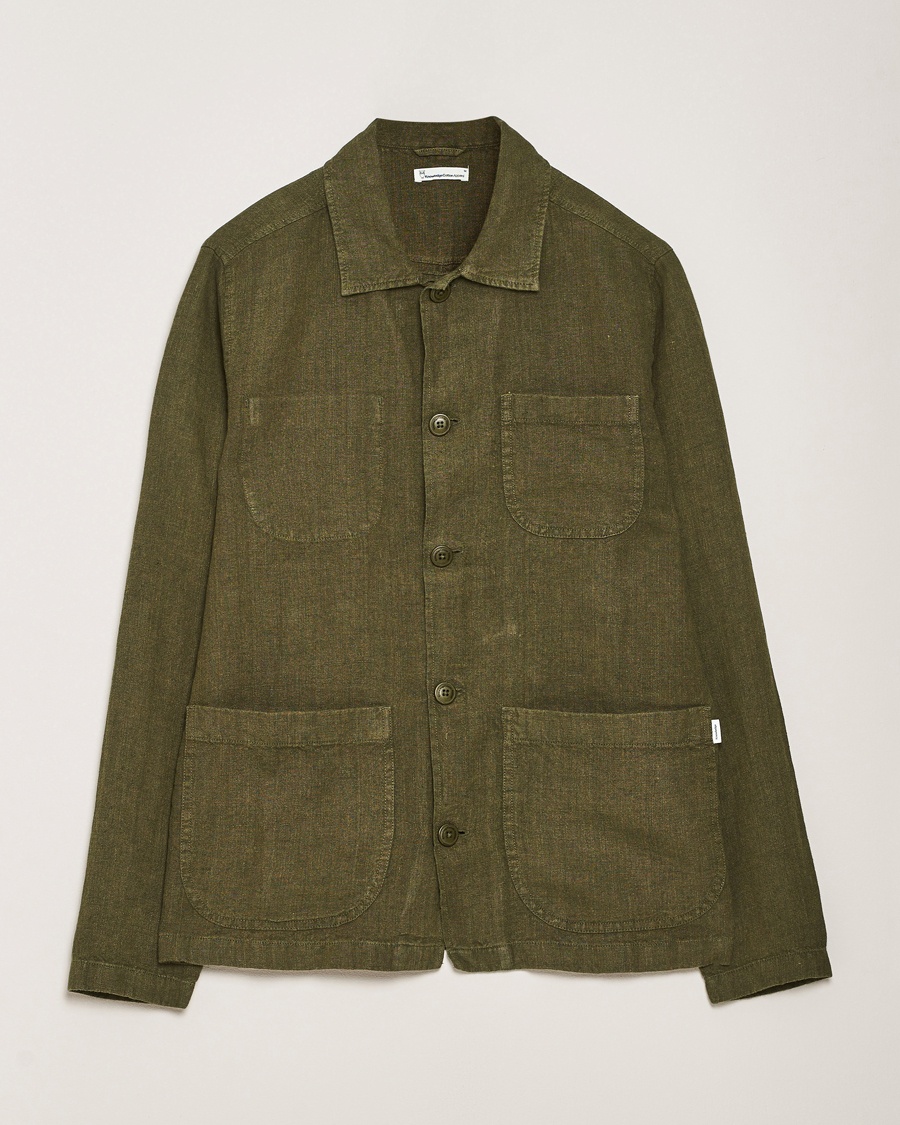Men | Shirt Jackets | KnowledgeCotton Apparel | Linen Overshirt Burnt Olive