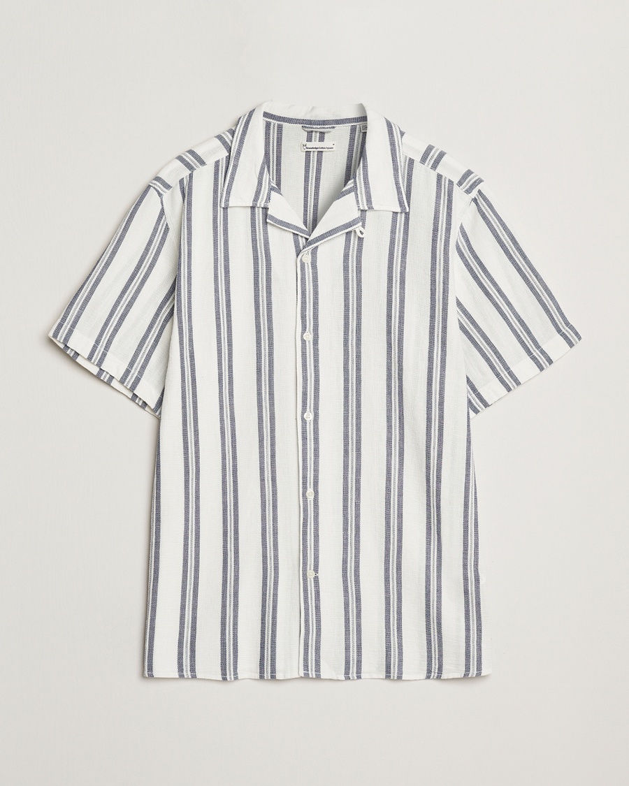 Men | Short Sleeve Shirts | KnowledgeCotton Apparel | Box Short Sleeve Stripe Shirt Blue