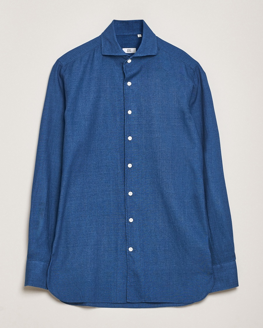 Men | Business Shirts | 100Hands | Garment Washed Denim Linen Shirt Mid Blue