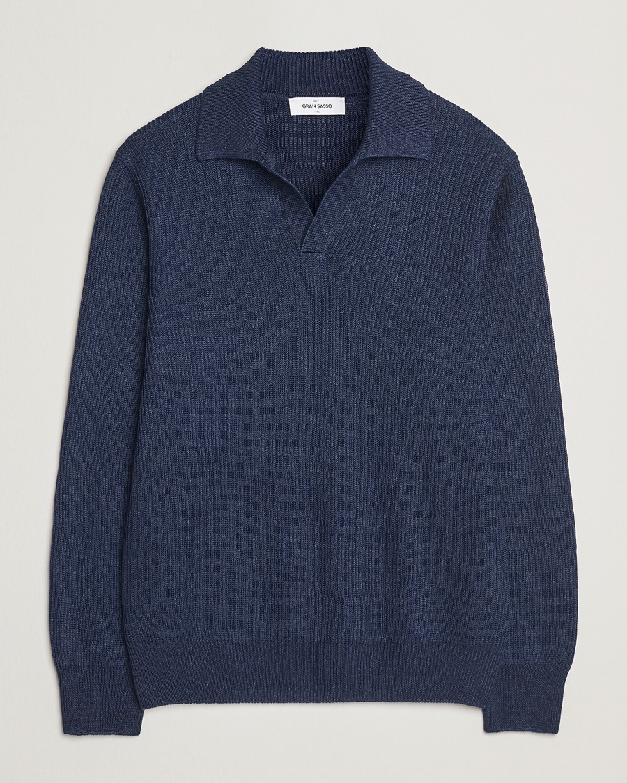 Gran Sasso Linen/Cotton Open Collar Knitted Polo Navy Melange – Blue