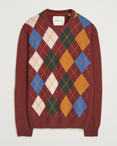 Gant Lambswool Argyle Knitted Crew Neck Winter Wine – Red
