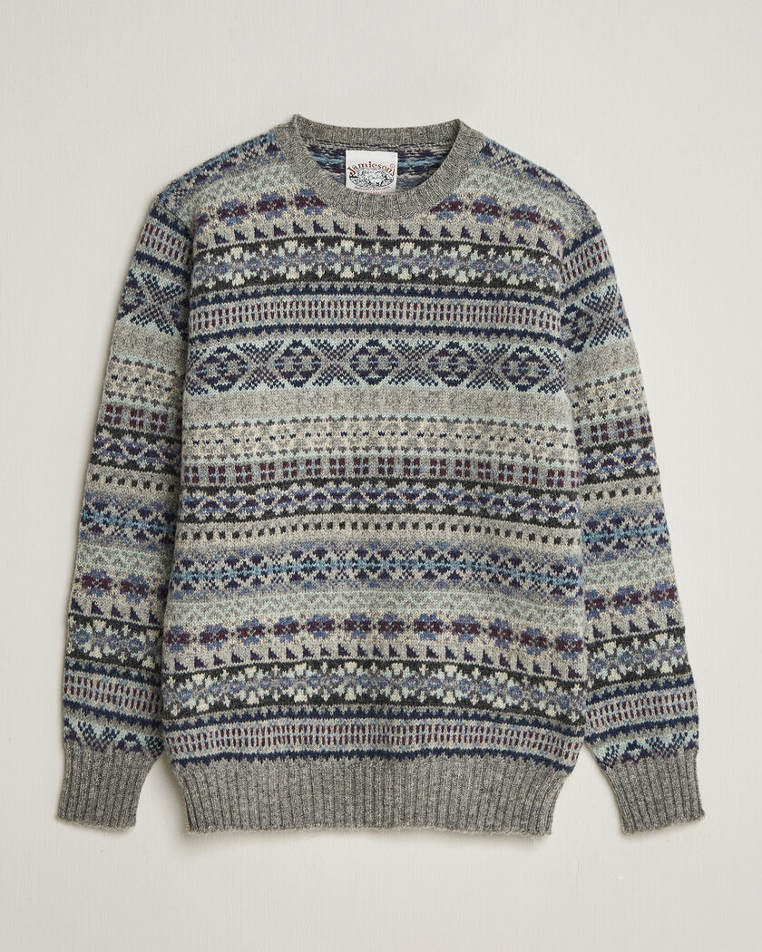 Jamieson's of Shetland Jamiesons Of Shetland All Over Fair Isle Pullover Crew Neck Light Grey – Grey