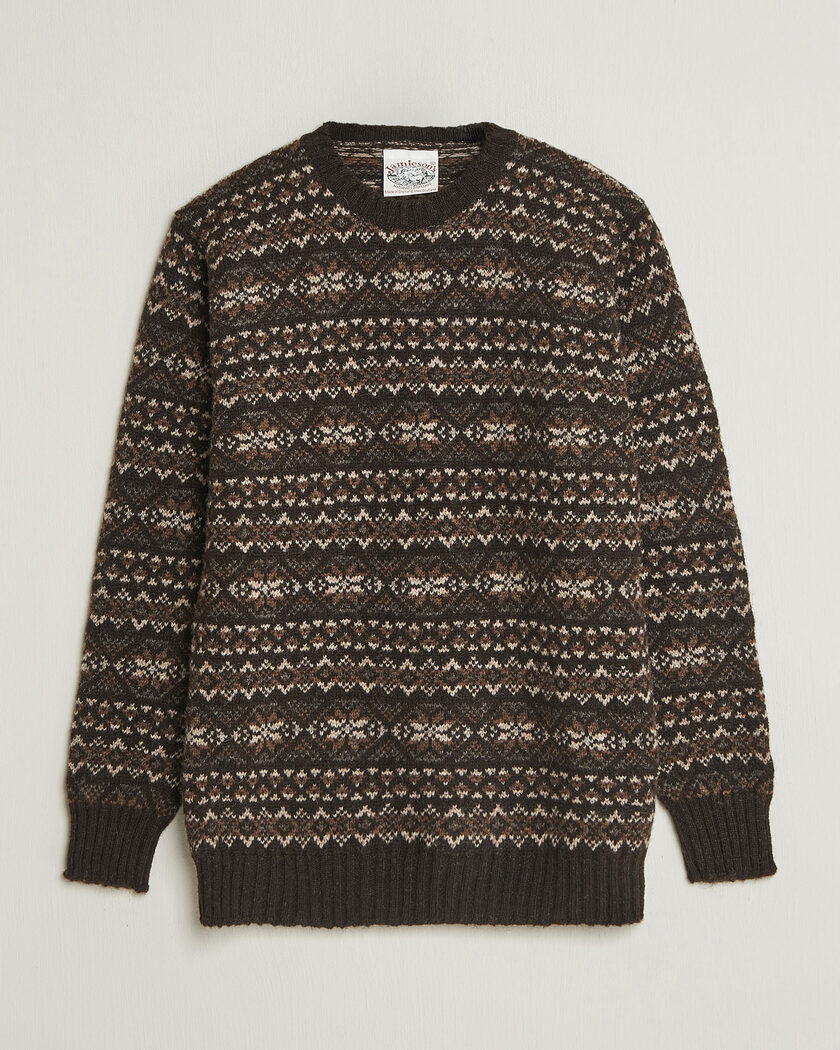 Jamieson's of Shetland Jamiesons Of Shetland All Over Fair Isle Pullover Crew Neck Dark Brown – Brown