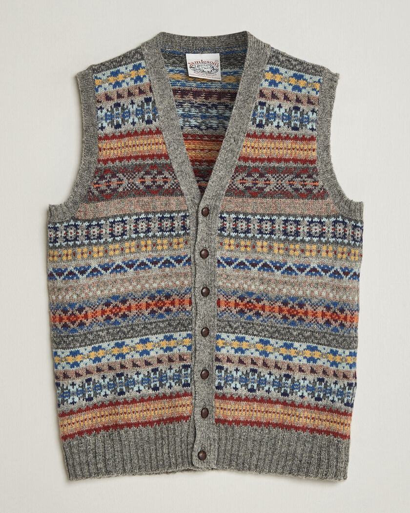 Jamieson's of Shetland Jamiesons Of Shetland All Over Fair Isle Waistcoat Grey – Grey