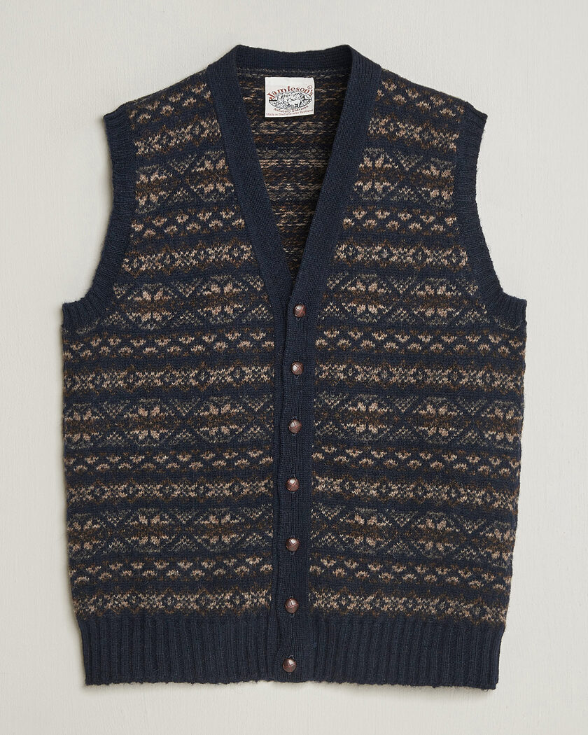 Jamieson's of Shetland Jamiesons Of Shetland All Over Fair Isle Waistcoat Navy – Blue
