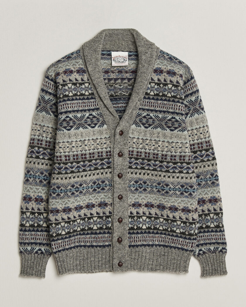 Jamieson's of Shetland Jamiesons Of Shetland All Over Fair Isle Shawl Collar Cardigan Grey – Grey