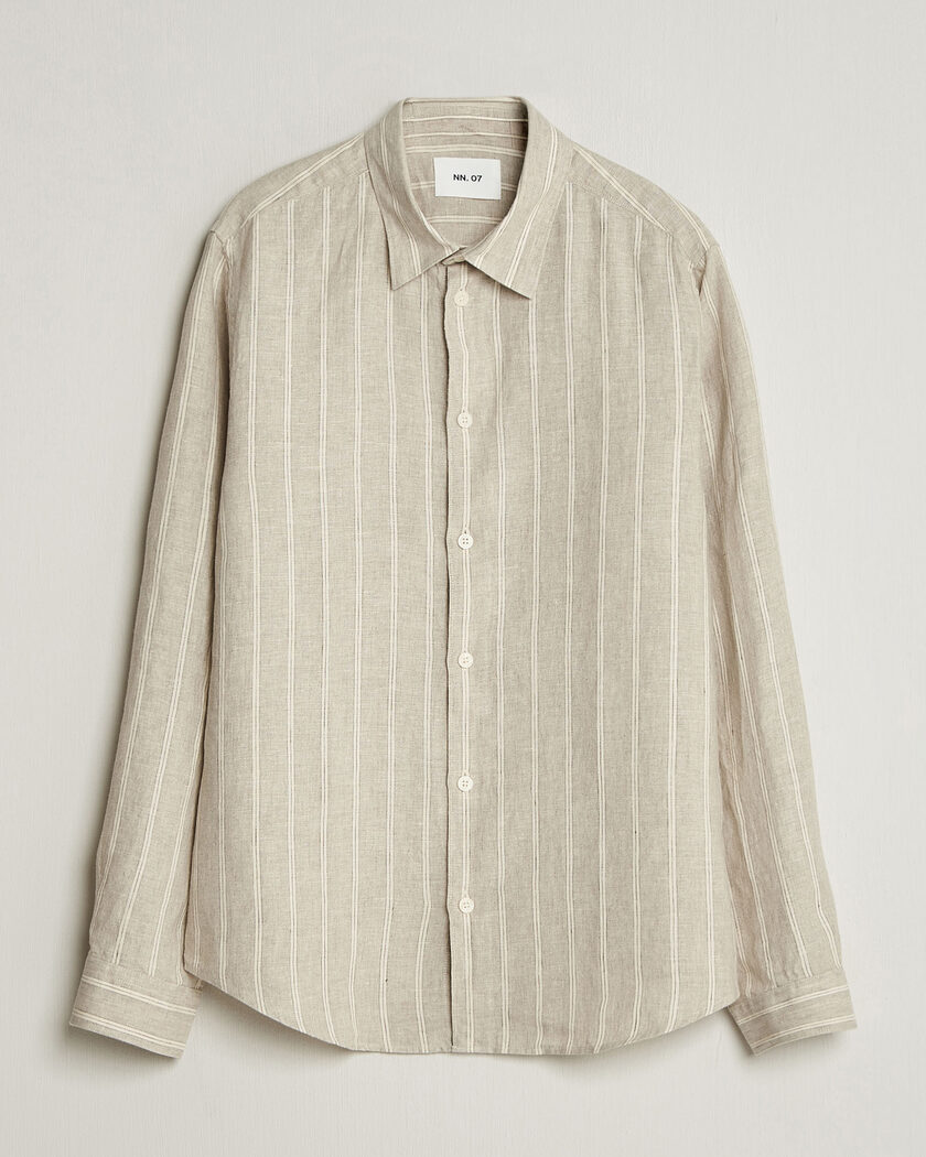 BOSS BLACK Liam Striped Linen Shirt Open Beige at CareOfCarl.com