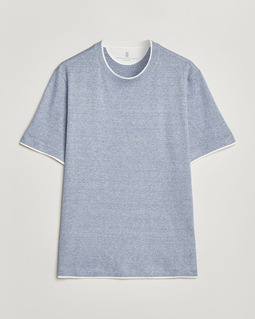 Brunello Cucinelli Double Collar Linen T-Shirt Light Blue – Blue