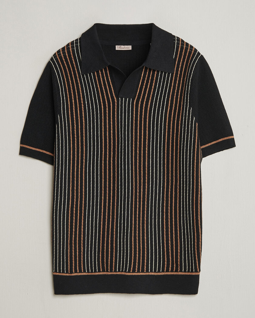 Stenströms Knitted Stripe Hemp/Cotton Polo Black – Black
