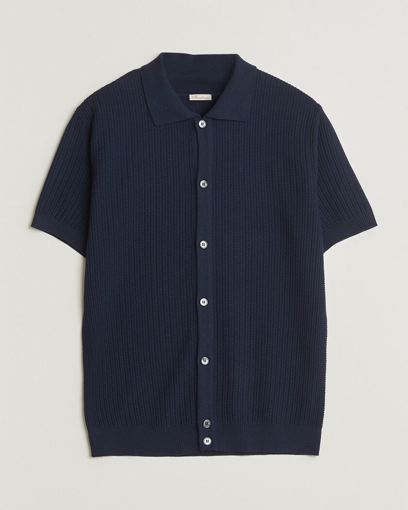 Stenströms Knitted Buttonthru Merino Polo Shirt Navy – Blue