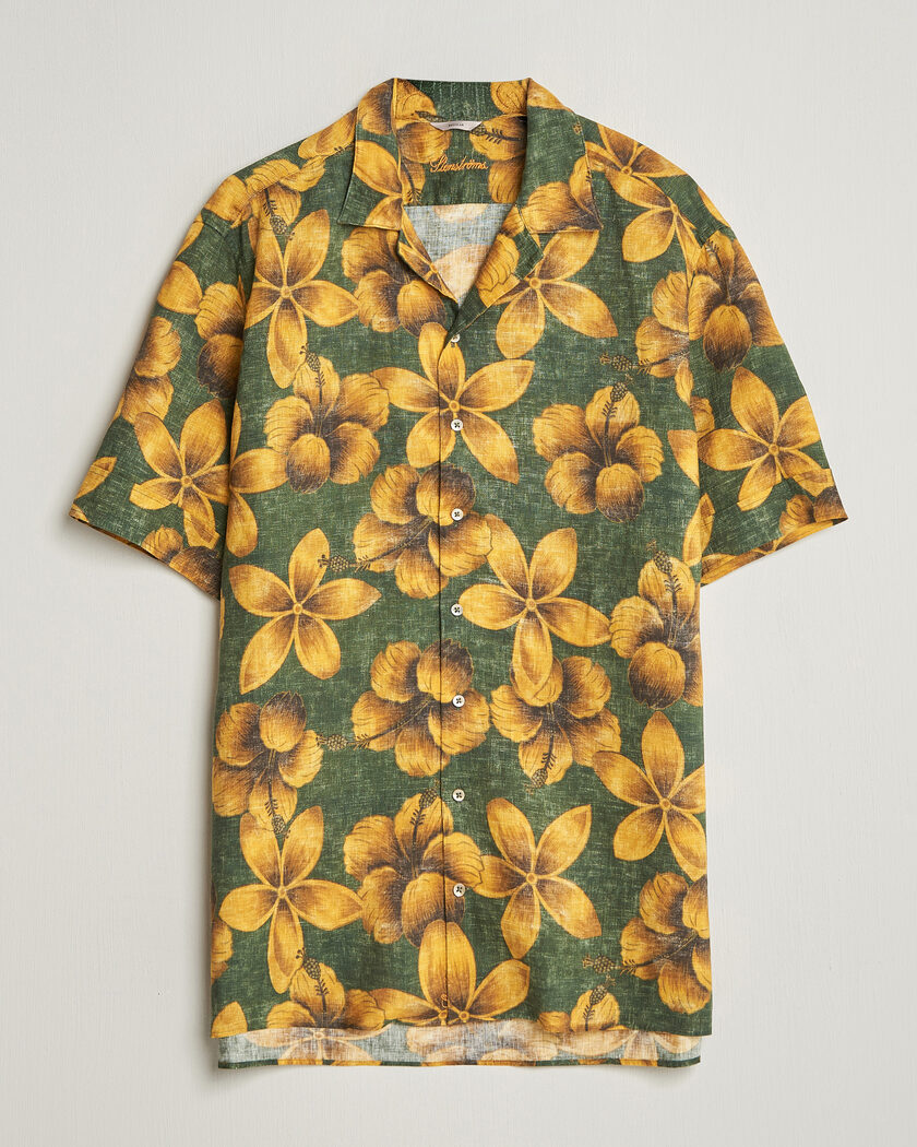Stenströms Flower Printed Short Sleeve Linen Shirt Green – Green