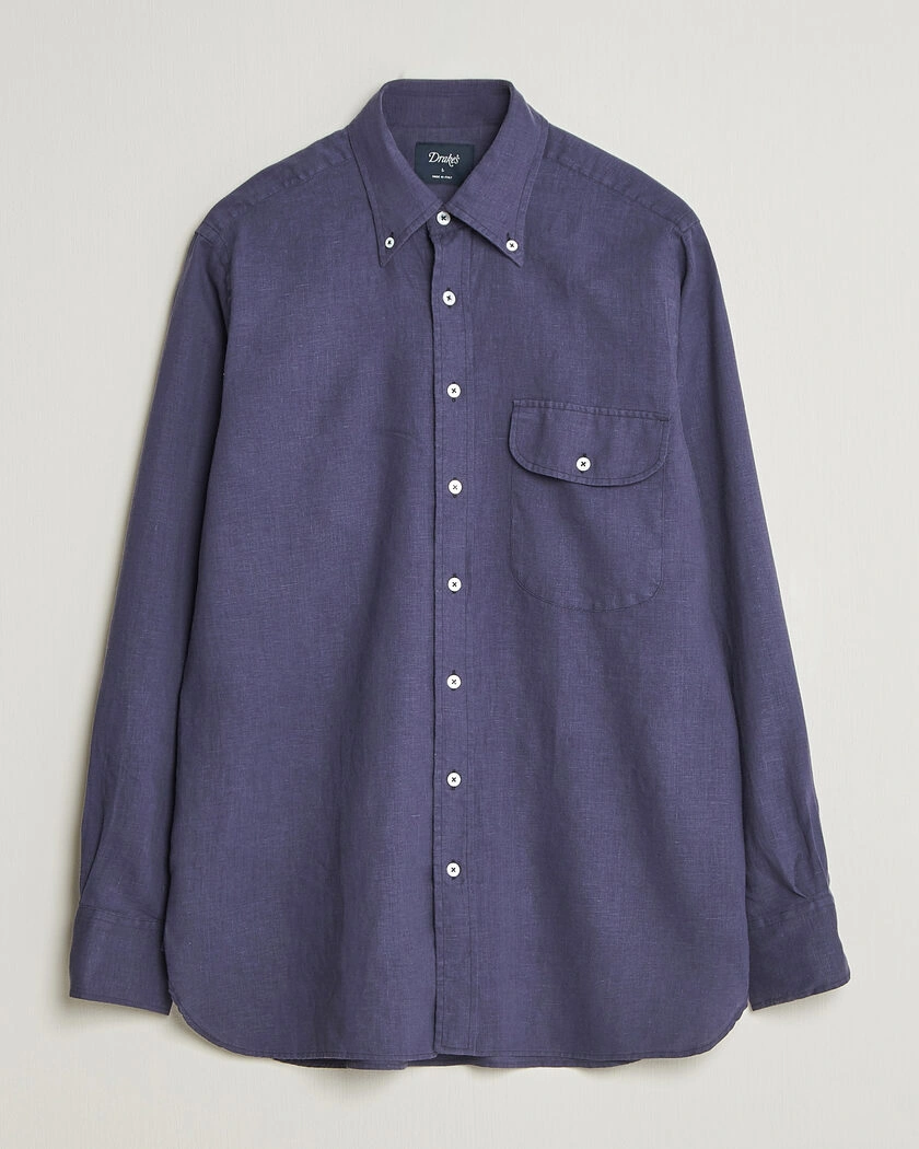 Drake's Linen Button Down Curved Pocket Shirt Navy – Blue