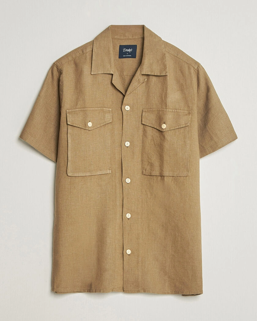 Drake's Military Short Sleeve Camp Collar Shirt Khaki – Brown