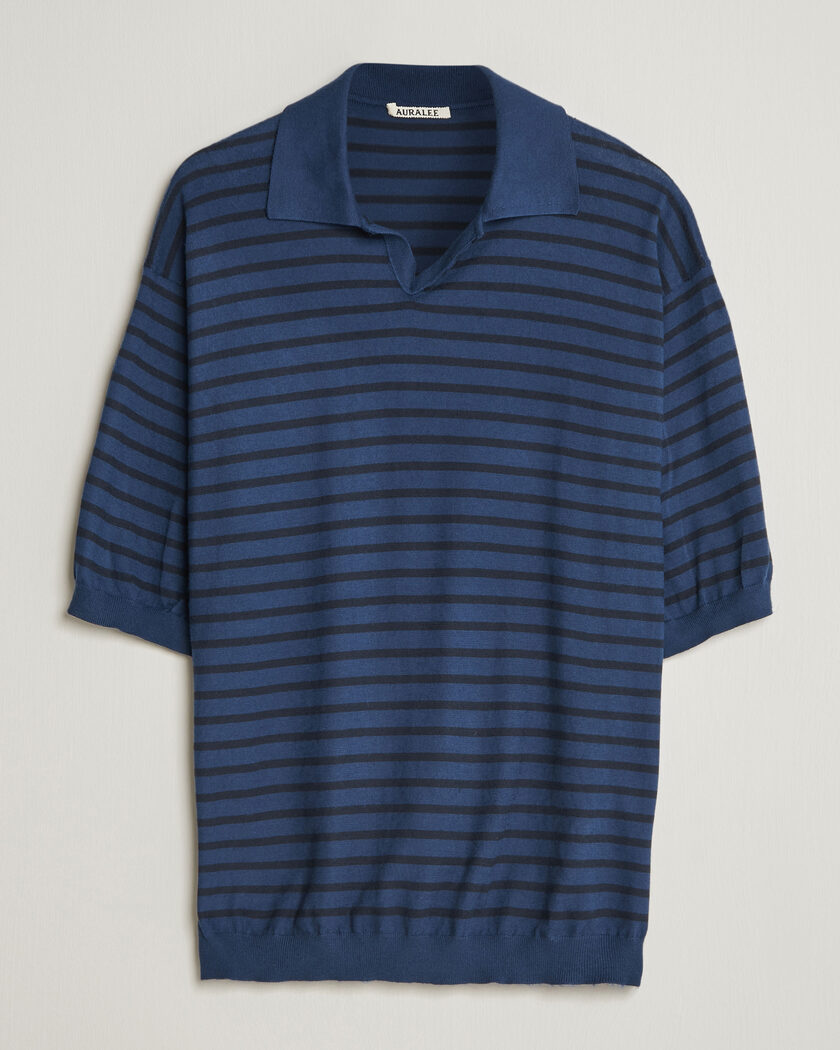 Auralee Cotton Knit Skipper Polo Navy Stripe – Blue