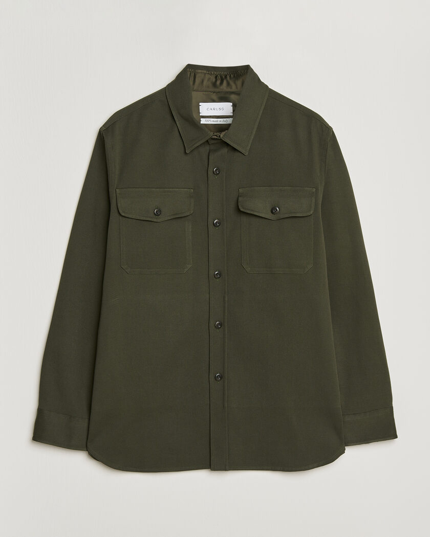 Auralee Wool Herringbone Overshirt Olive at CareOfCarl.com