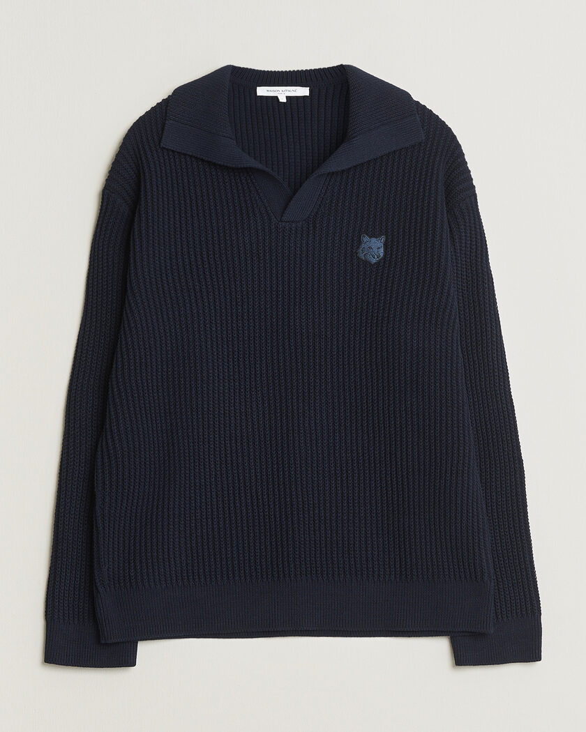 Maison Kitsuné Tonal Fox Head Rib Knitted Polo Navy – Blue