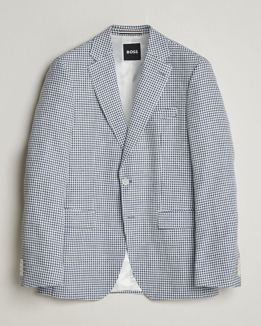BOSS BLACK Hutson Linen/Cotton Houndstooth Blazer Open Blue – Blue