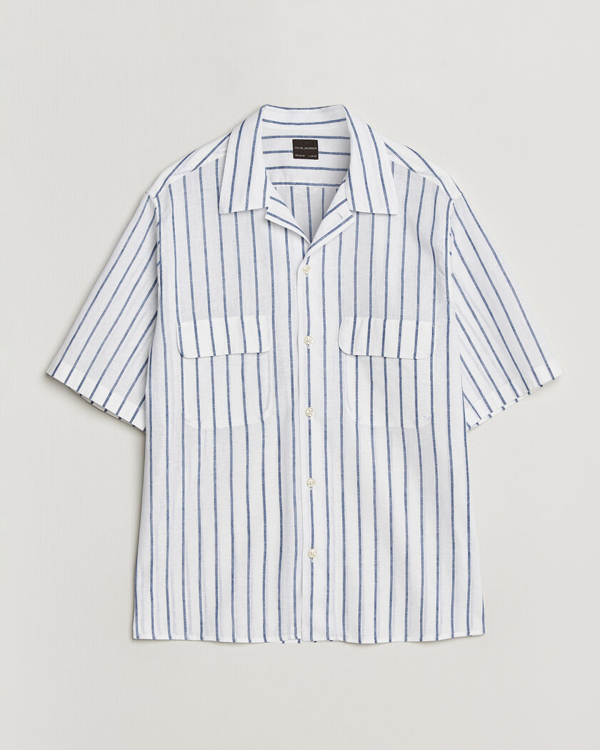 Oscar Jacobson Striped Short Sleeve Linen Shirt Navy/White – White