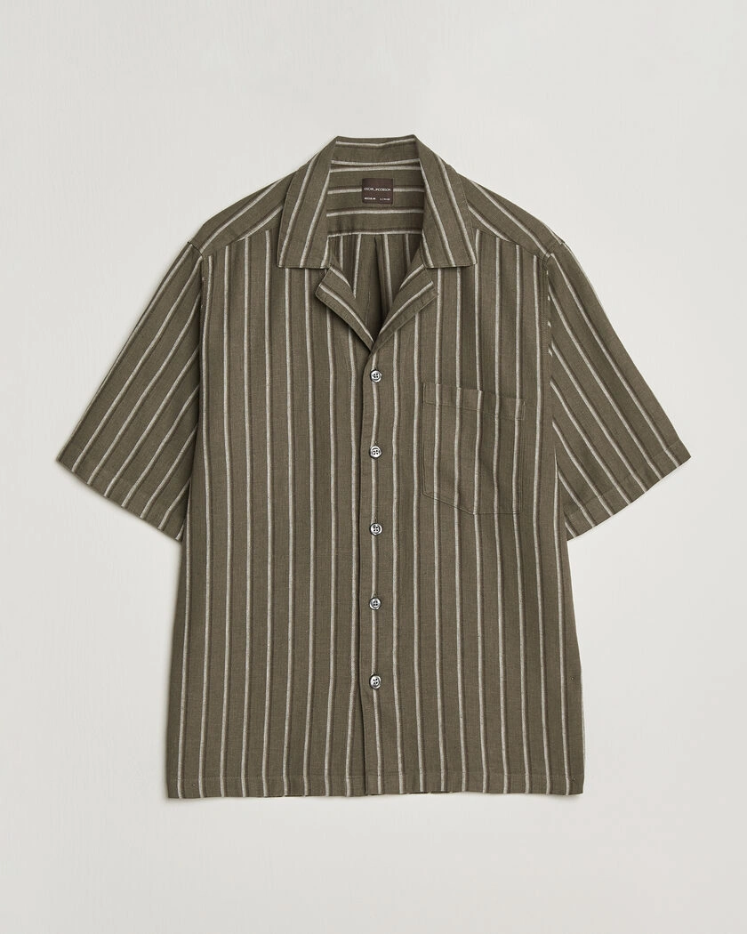 Oscar Jacobson Reg Fit Cuban Herringbone Short Sleeve Shirt Green – Green