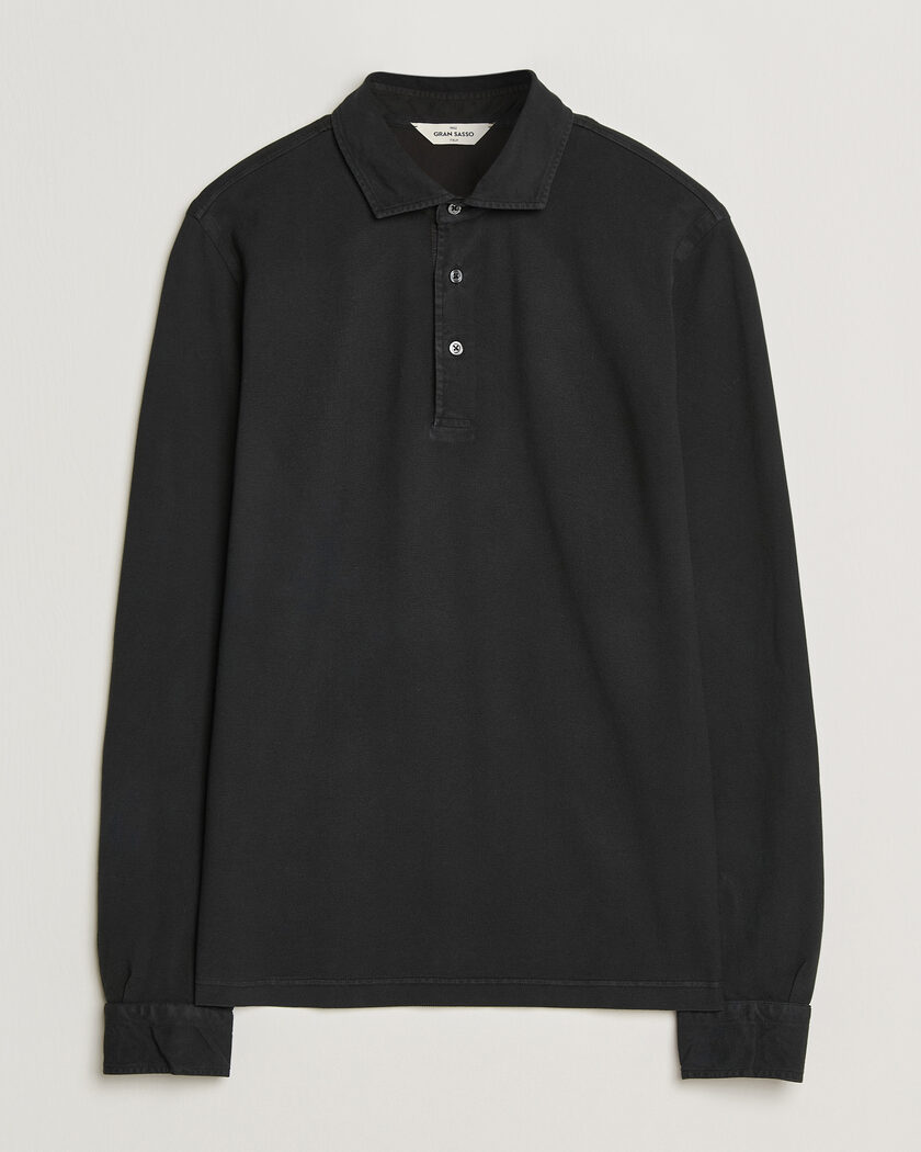 Gran Sasso Washed Long Sleeve Polo Black – Black